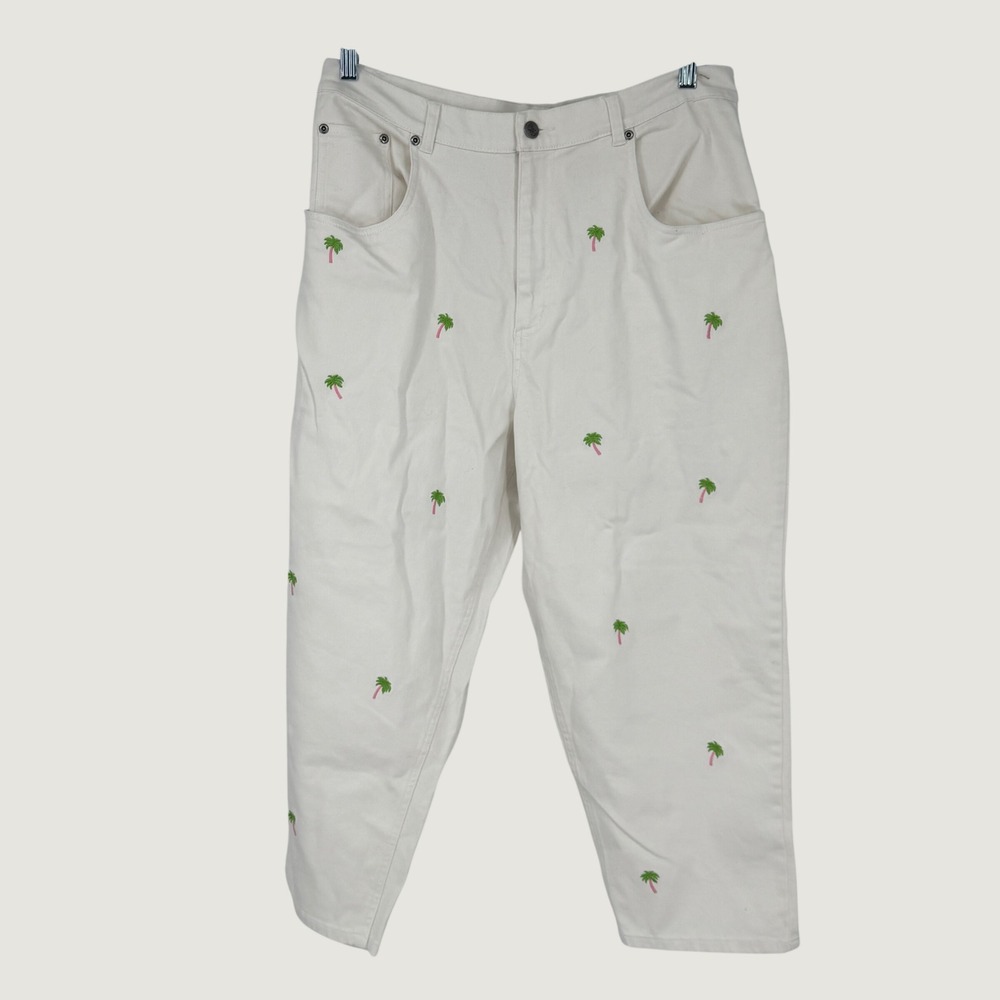 Quacker Factory White Palm Tree Embroidered Denim Pants 18W Tropical Novelty‎
